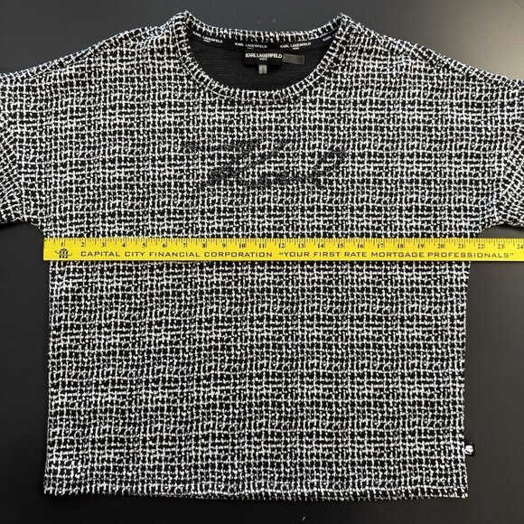 Karl Lagerfeld Paris Metallic Puff Sleeve Popover KARL Spell-Out Logo Top - Picture 10 of 13